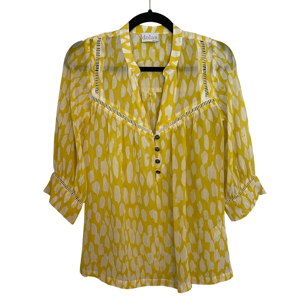 Dolan Yellow Abstract Print Modal Silk Trim Lace Tunic Blouse Small Made in USA - Picture 1 of 8